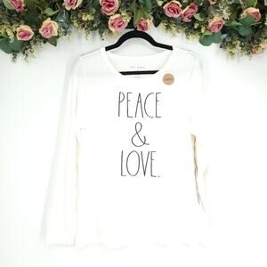 Rae Dunn Peace & Love Long Sleeve White Top Medium NWT